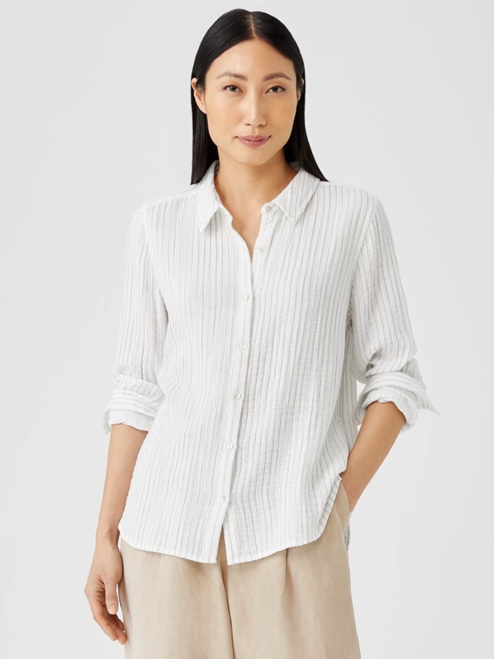 Eileen Fisher Organic Cotton Gauze Striped Shirt white stripe 2X - Picture 2 of 11